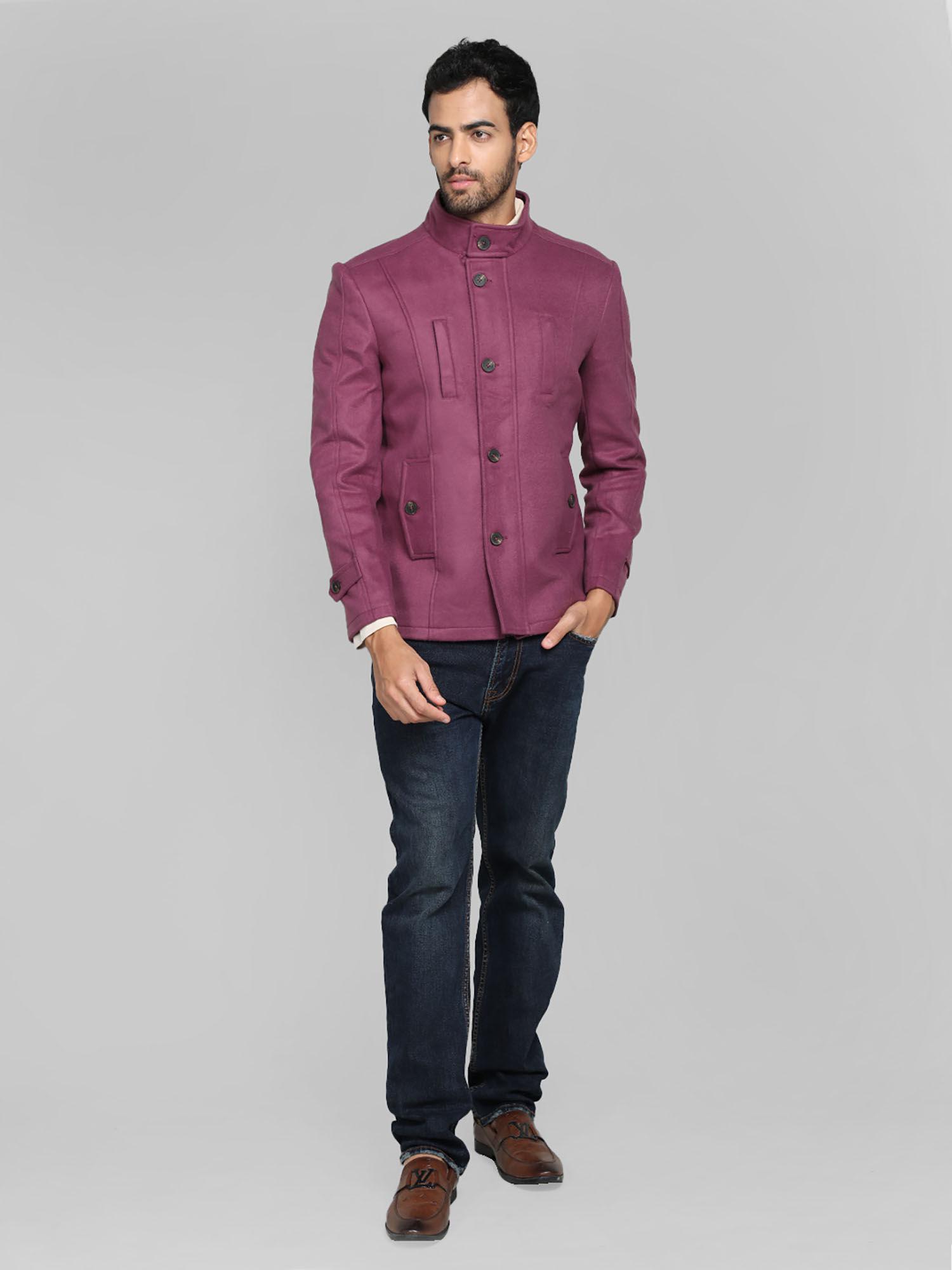 purple solid stand collar coats