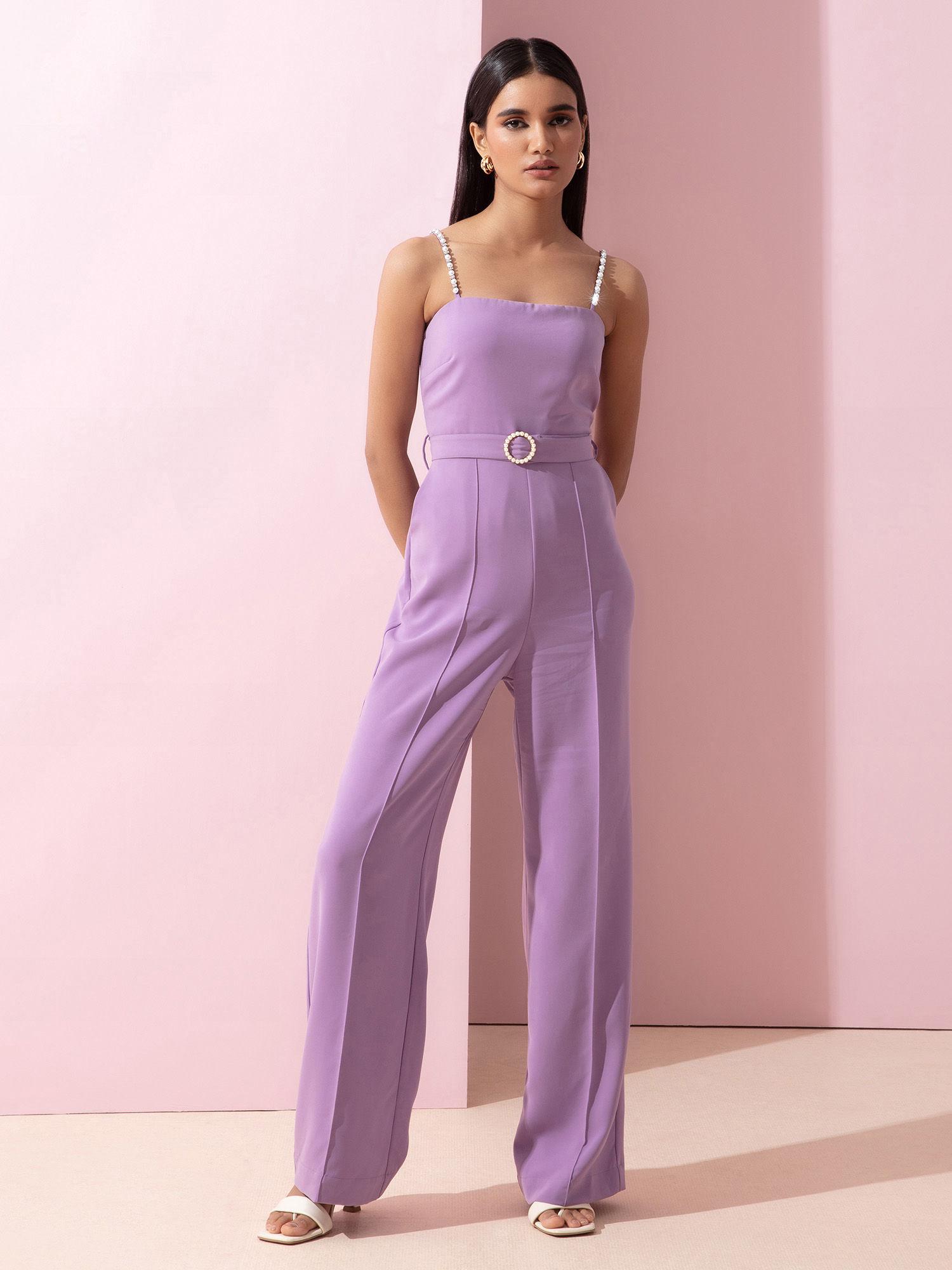 purple solid strappy flare leg jumpsuit with belt