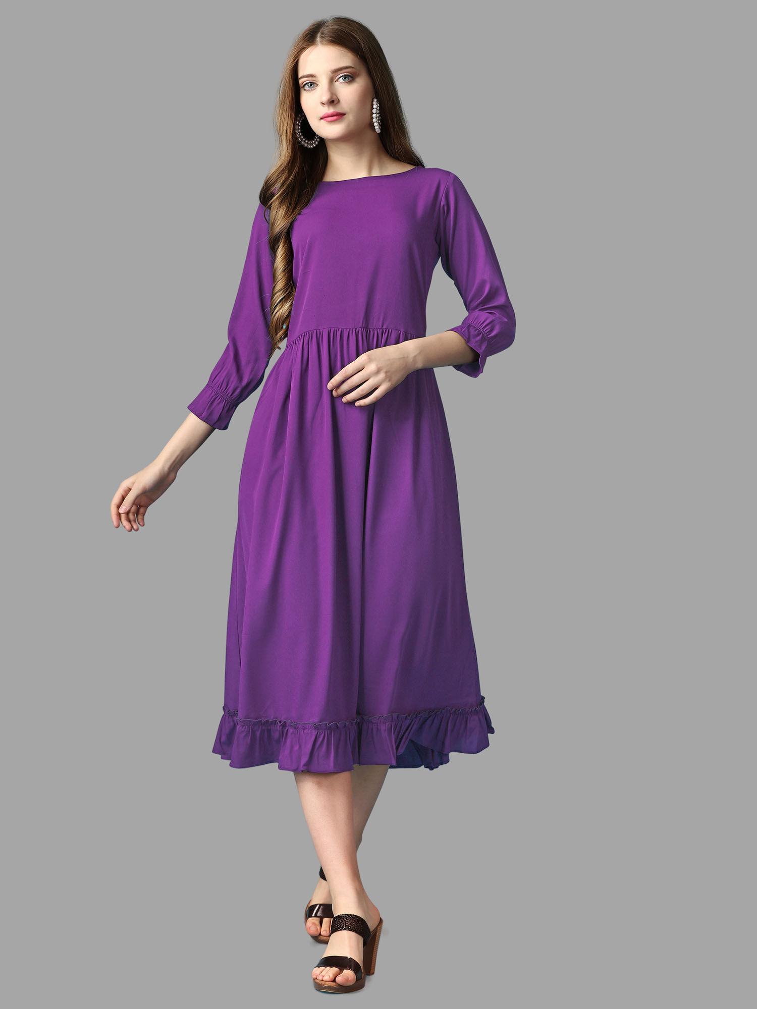 purple solid three fourth sleeves midi dress for women