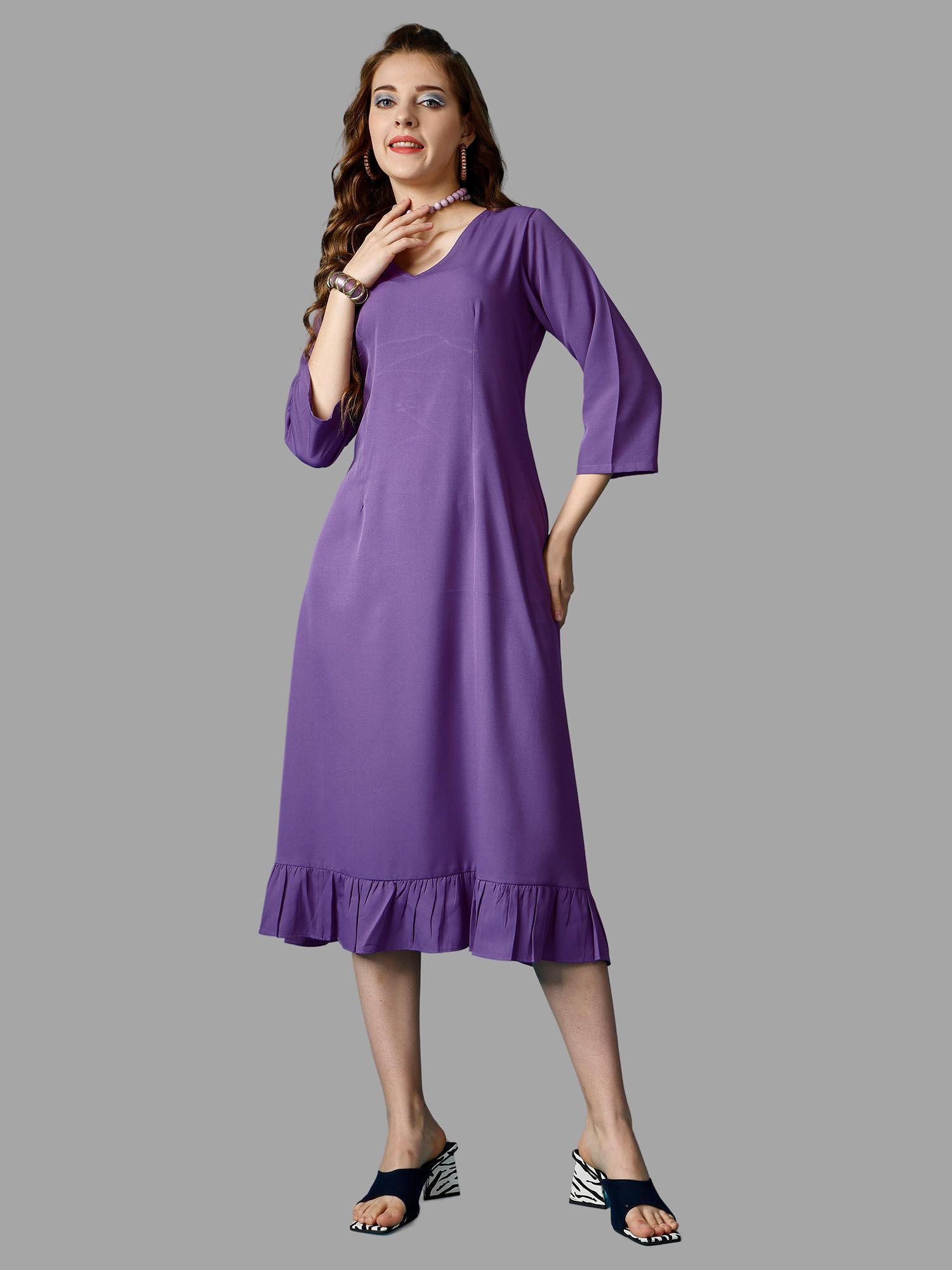 purple solid three fourth sleeves midi dress for women