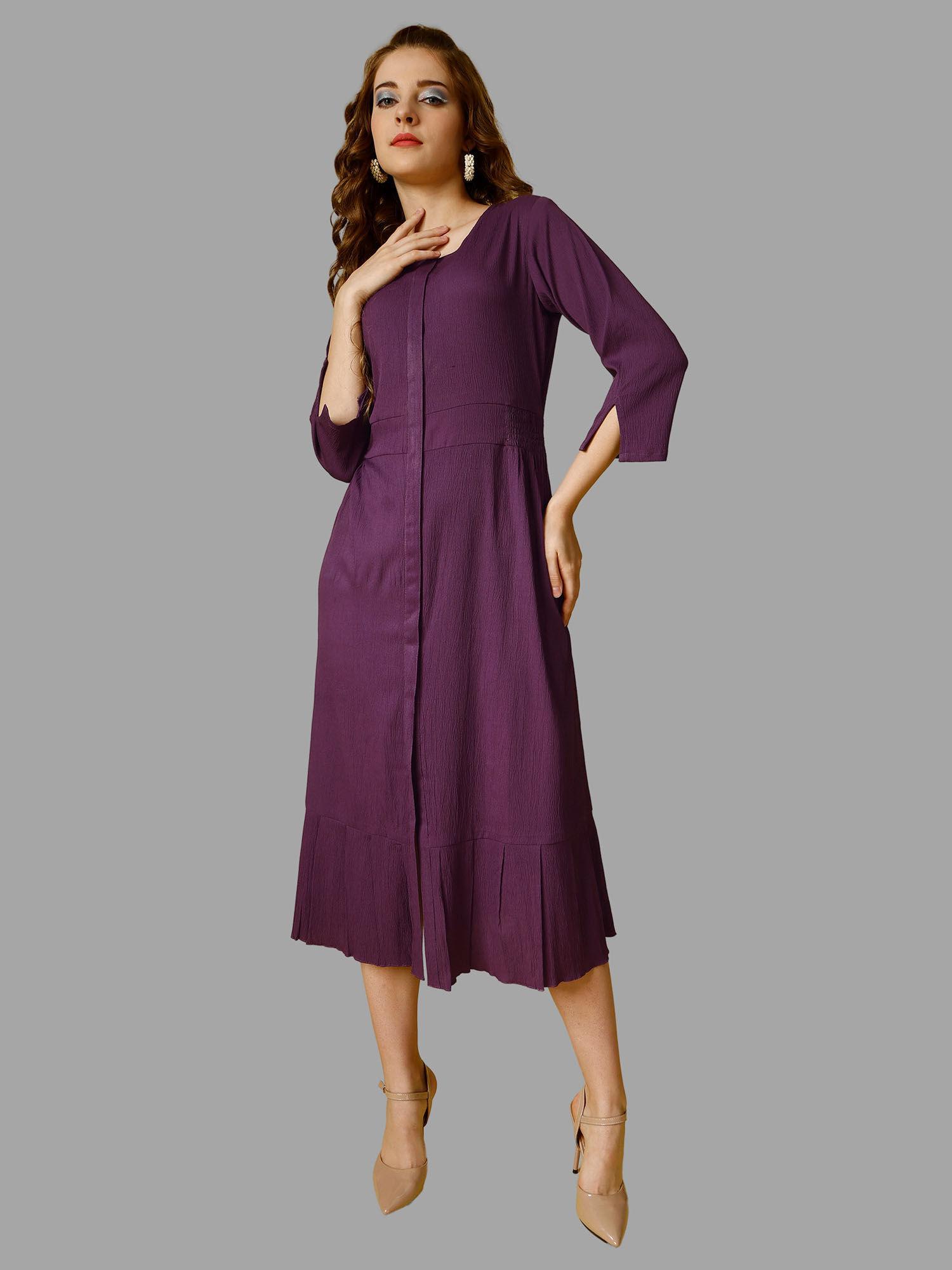 purple solid three fourth sleeves midi dress for women