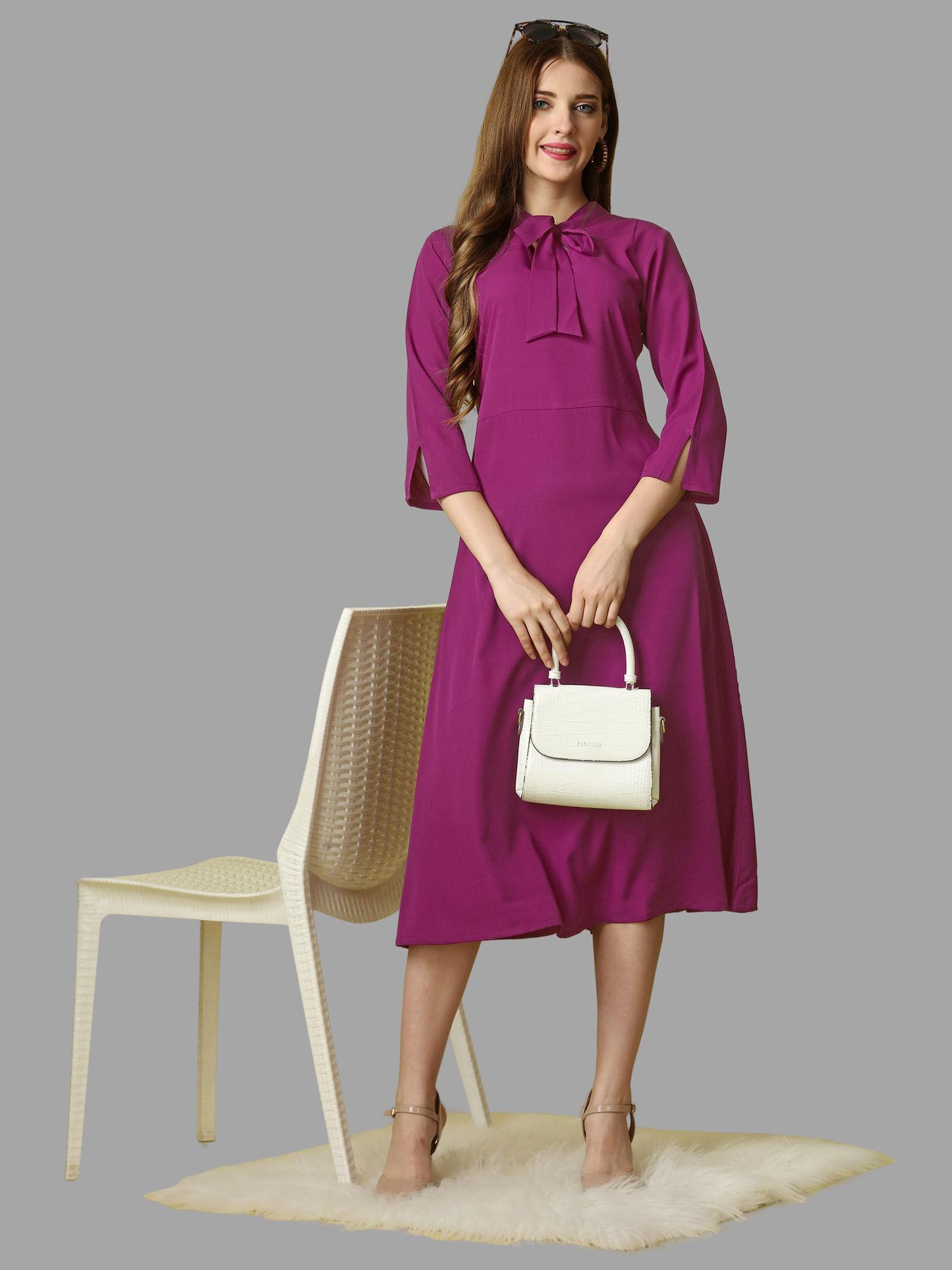 purple solid three fourth sleeves midi dress for women