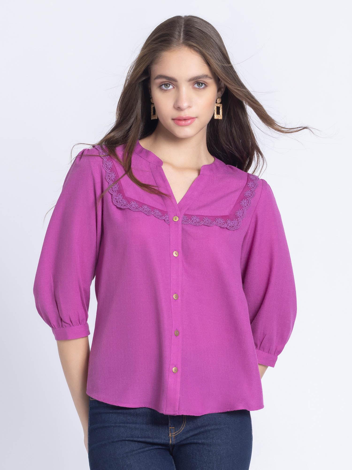 purple solid three-quarter sleeves casual tops for women