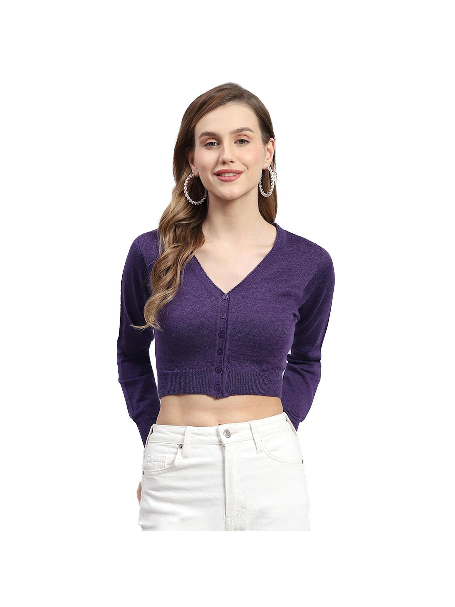 purple solid v-neck full sleeves cardigan