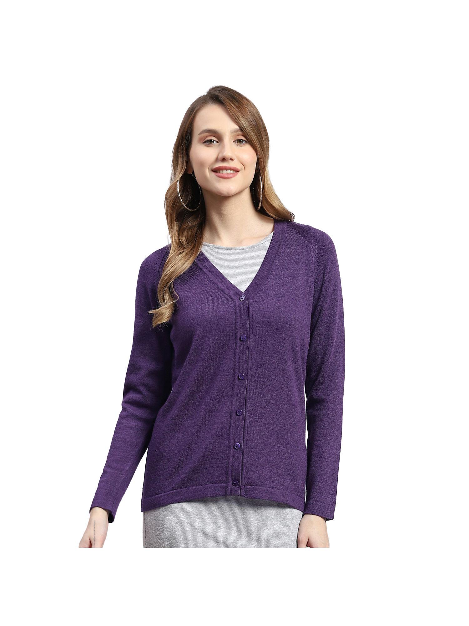 purple solid v-neck full sleeves cardigan