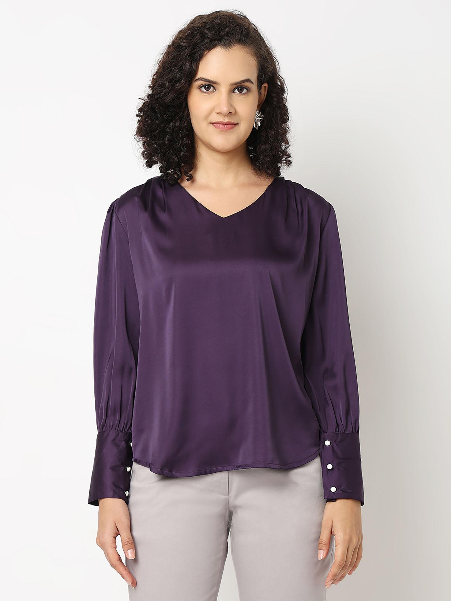 purple solid v neck top with long cuff