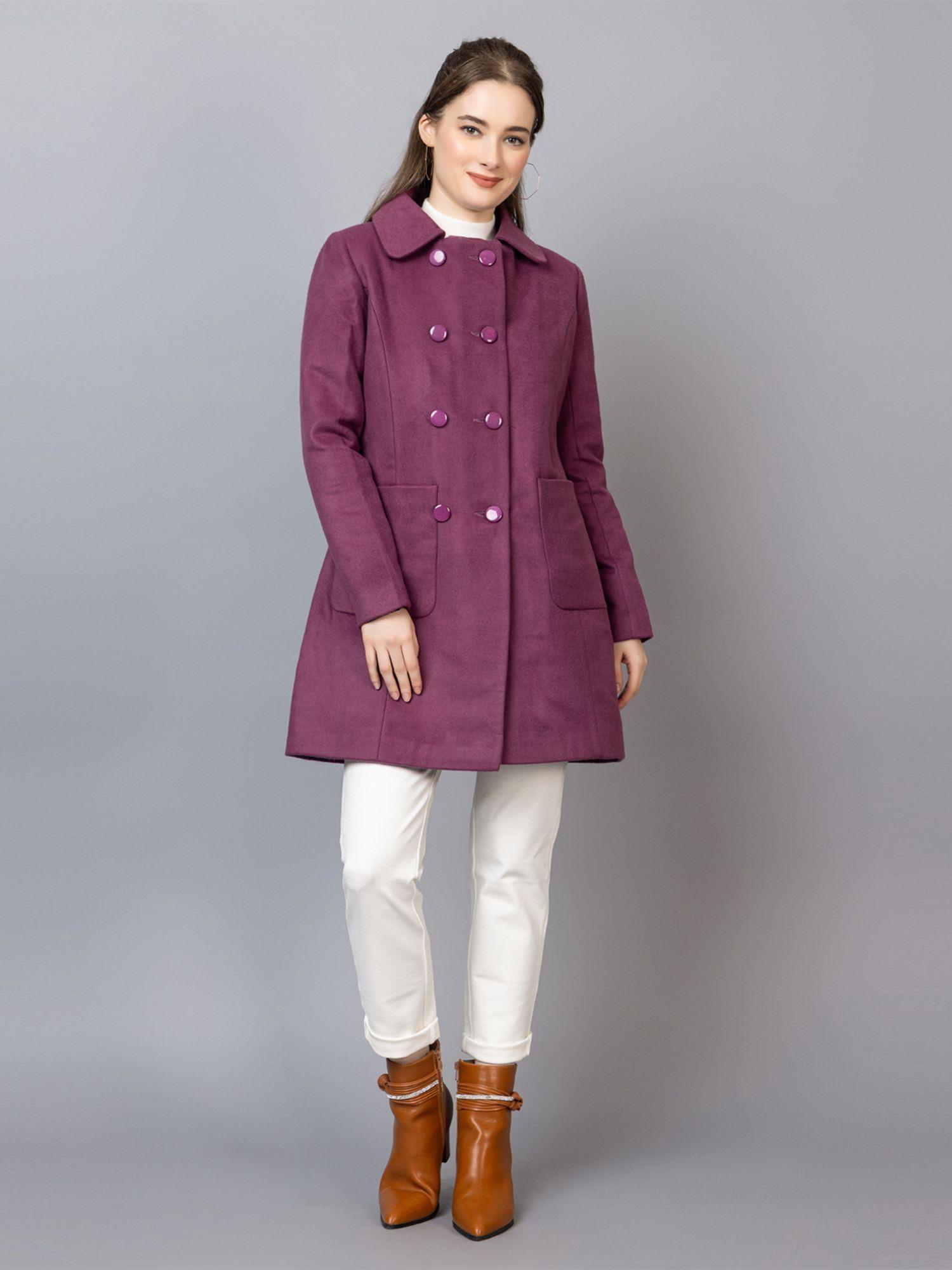 purple spread collar winter overcoat