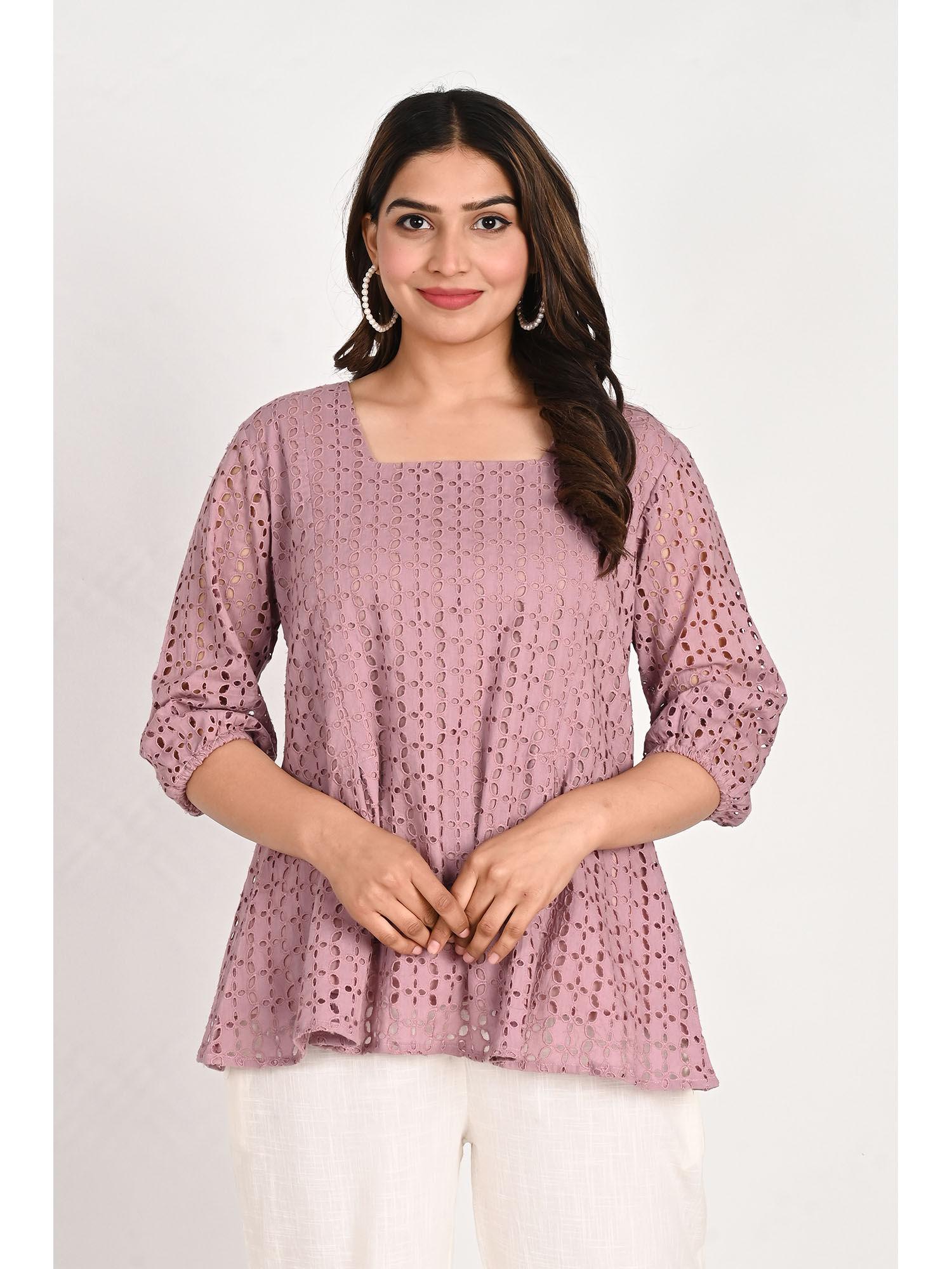 purple square neck schiffli top