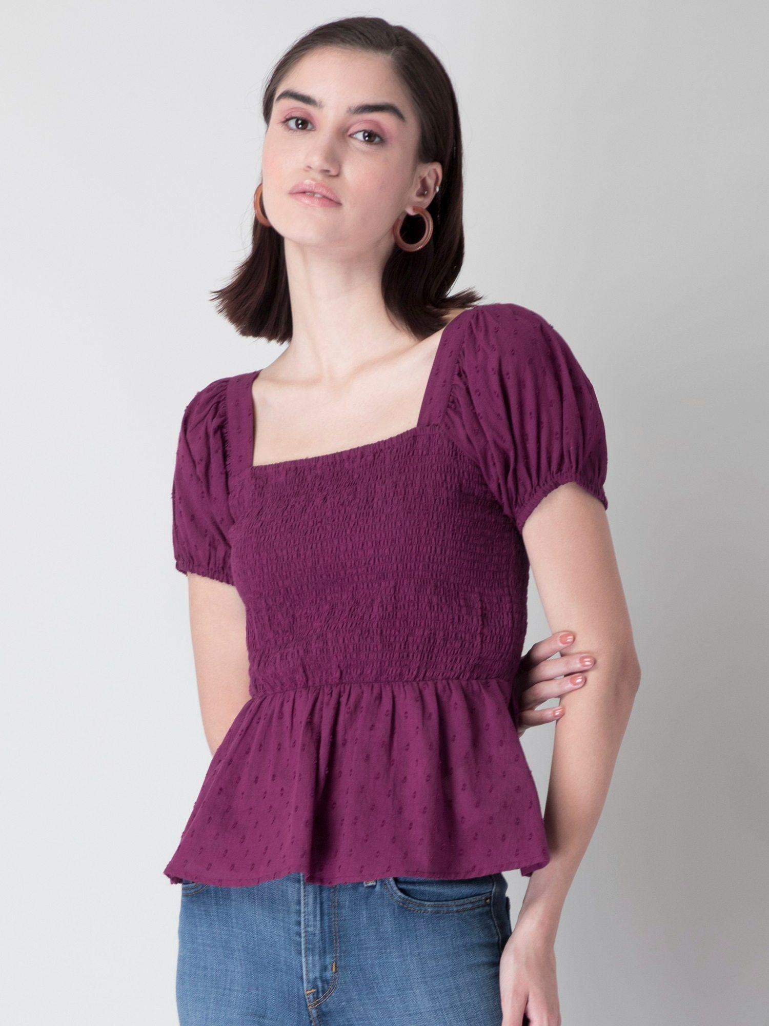 purple square neck smocked peplum top