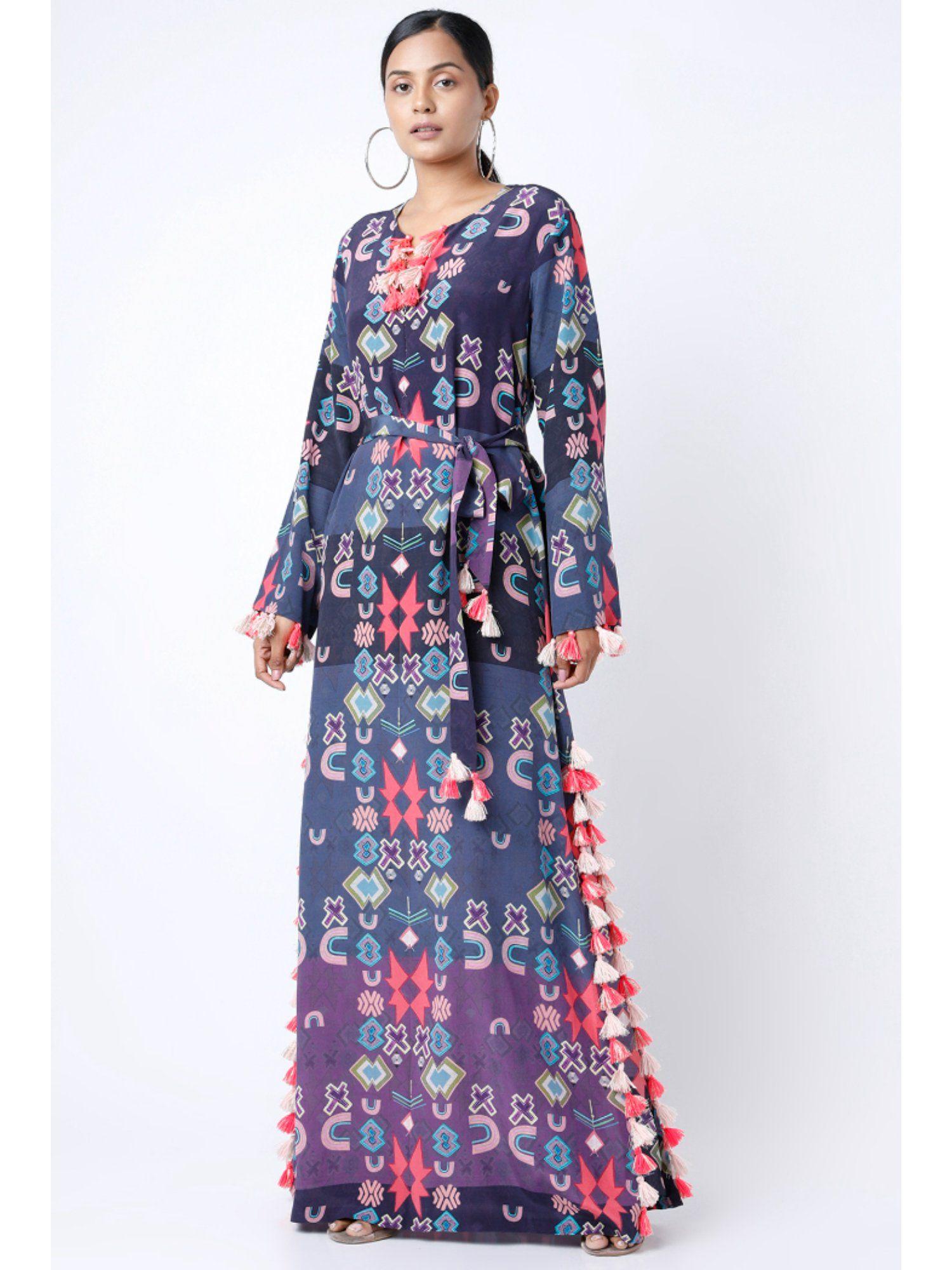 purple star print crepe long beyza kaftan with belt (set of 2)