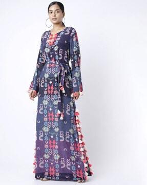 purple star print crepe long beyza kaftan with belt