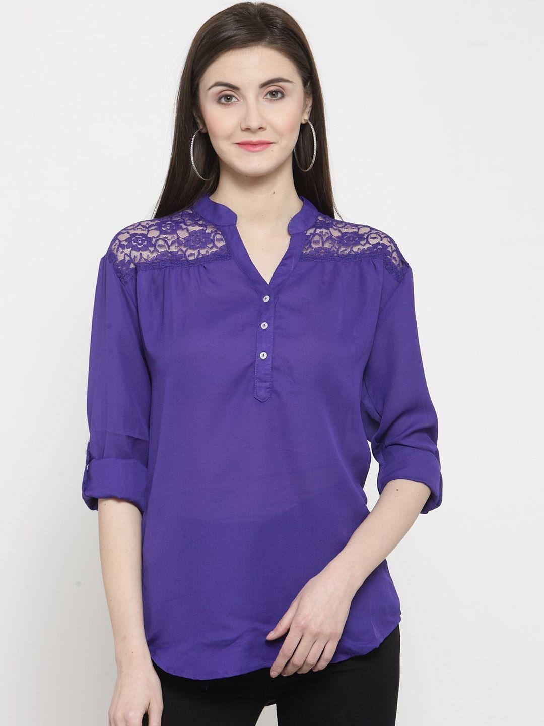 purple state blue mandarin collar roll-up sleeves lace-up inserts shirt style top