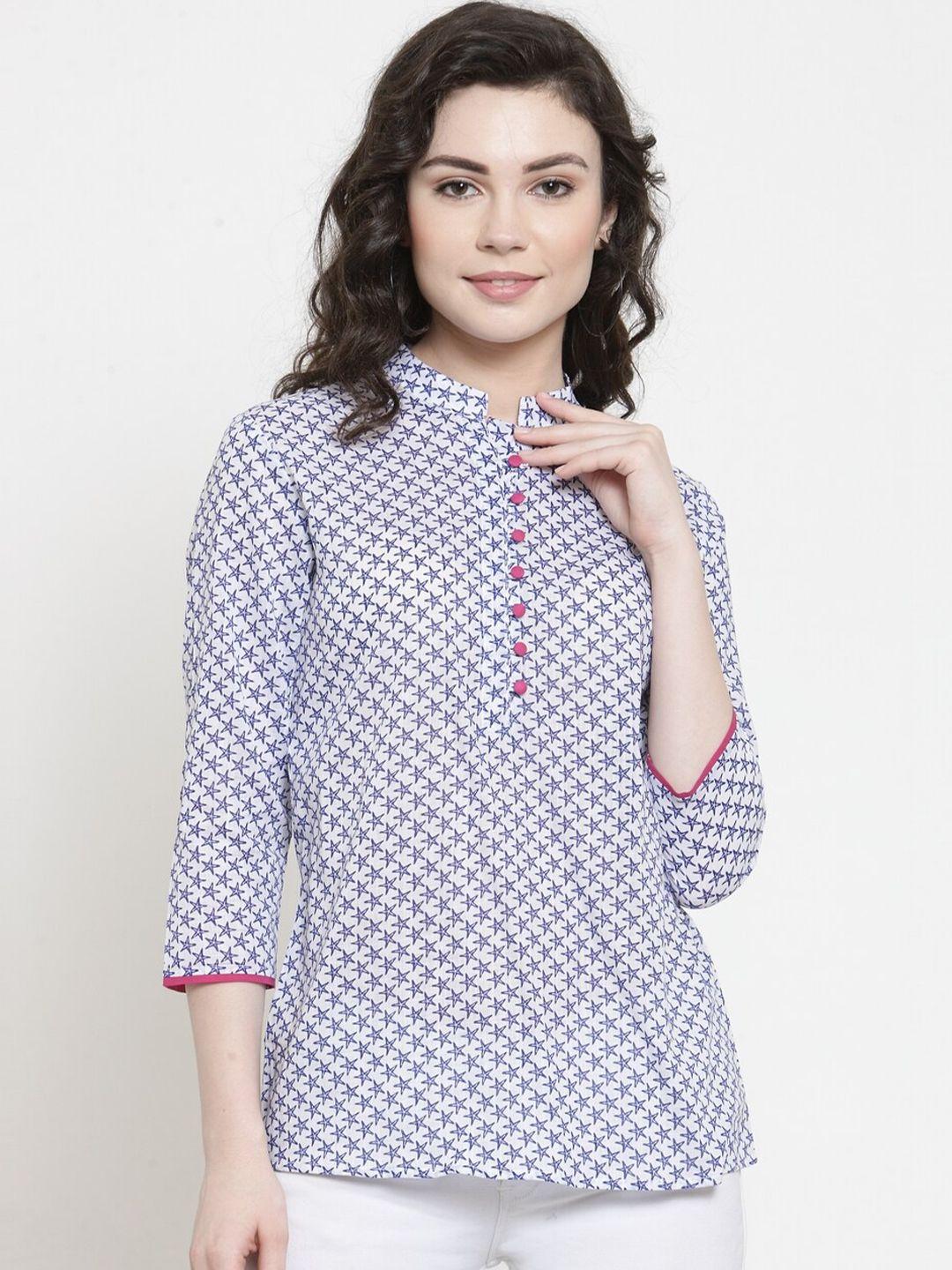 purple state geometric printed mandarin collar cotton shirt style top