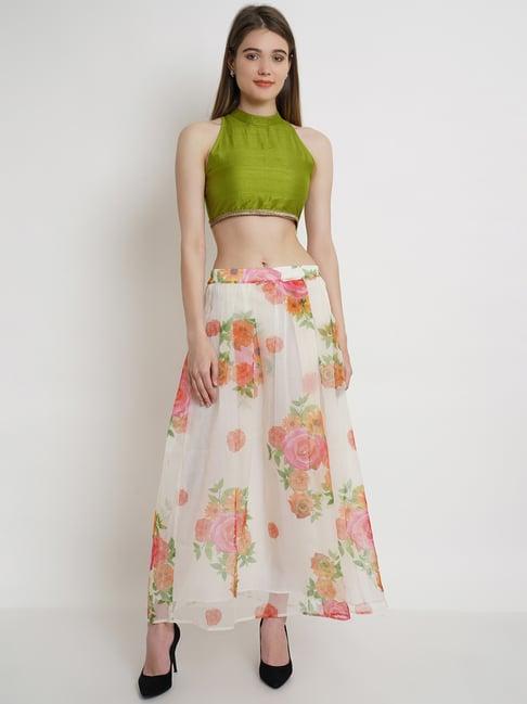 purple state green & white floral print crop top with skirt