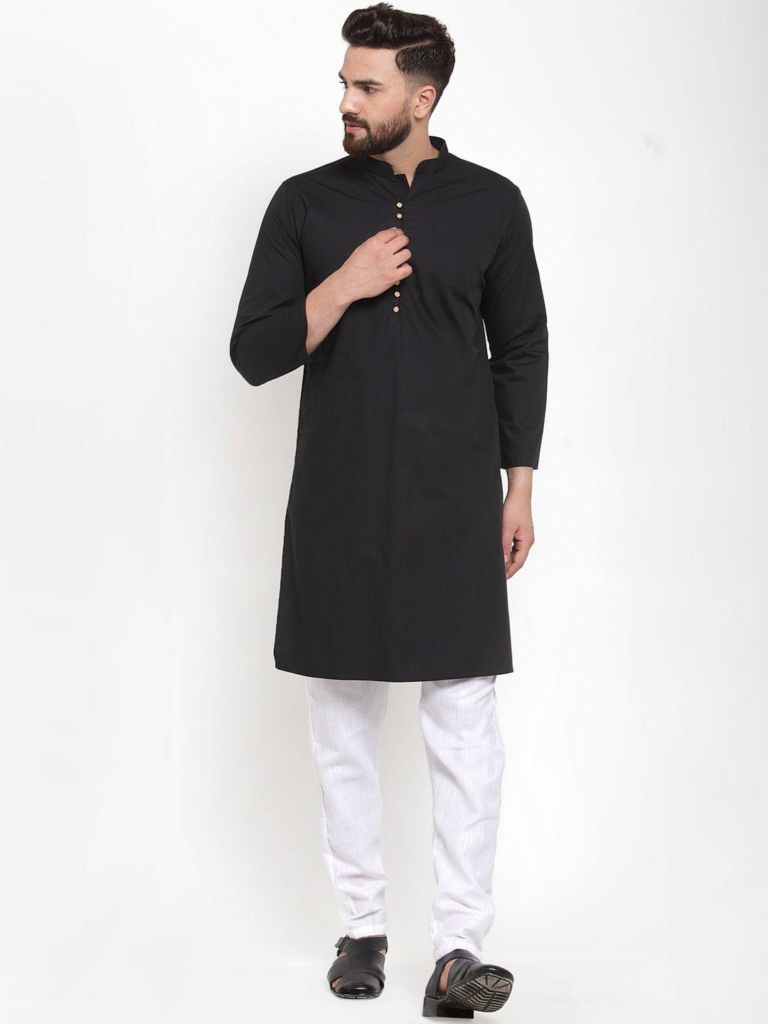 purple state men black & off-white solid kurta with pyjamas