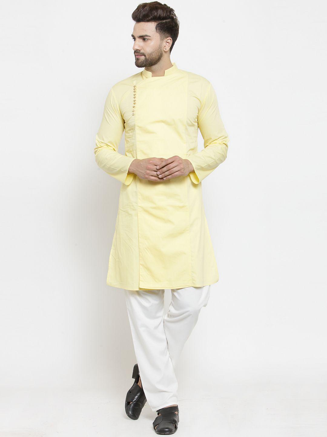 purple state men yellow & white solid kurta with pyjamas