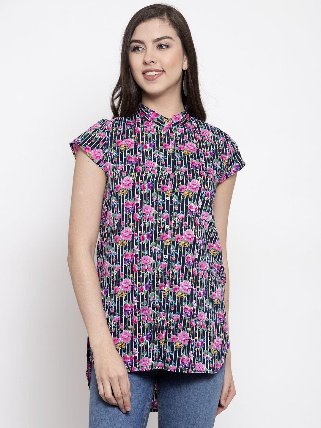 purple state multicoloured floral print mandarin collar high-low shirt style top