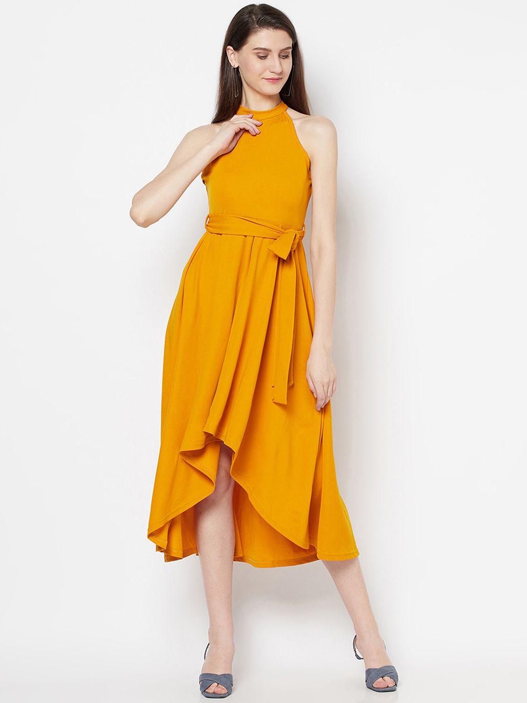 purple state mustard yellow halter neck knitted midi dress