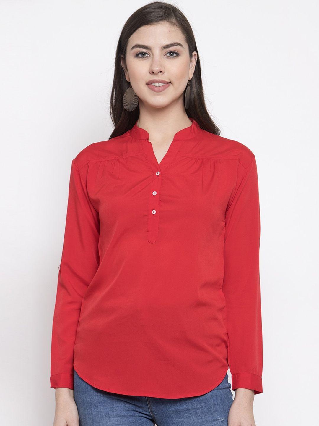 purple state red solid mandarin collar shirt style top