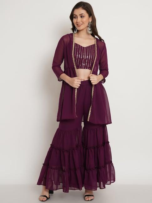 purple state wine embellished crop top with sharara & shrug