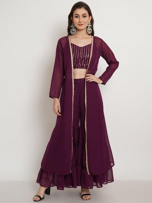 purple state wine embellished crop top with sharara & shrug