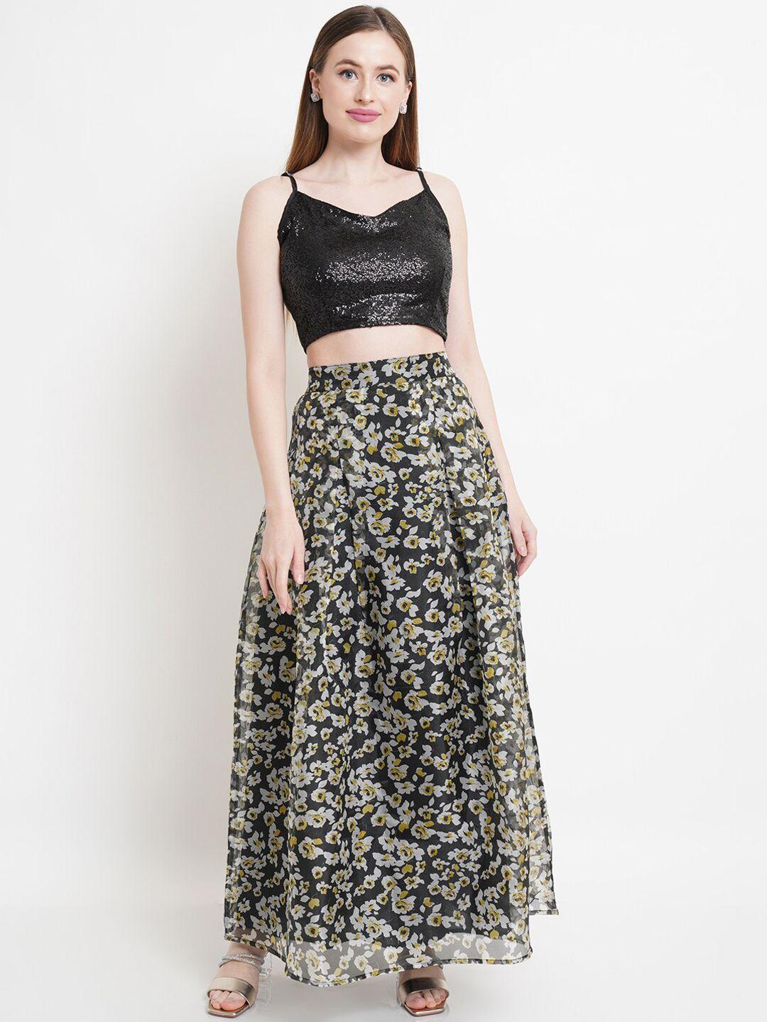 purple state women black sequinned crop top with floral  printed skirt