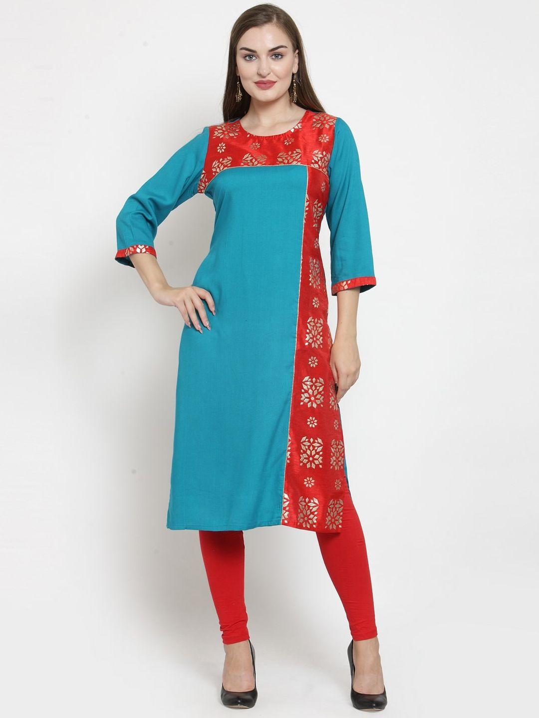 purple state women blue & red printed kurta with red solid leggings