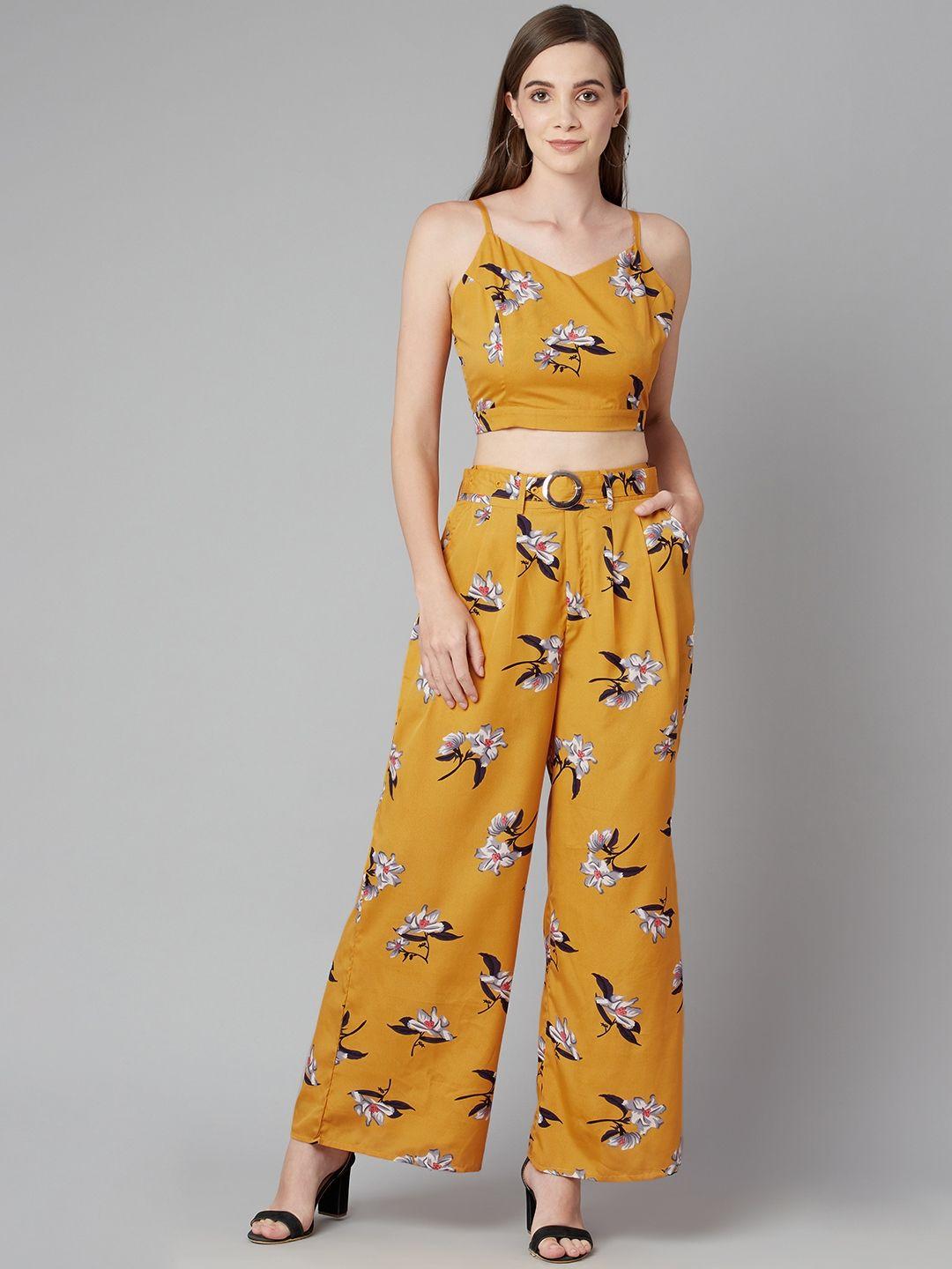 purple state women mustard printed crop top with trousers