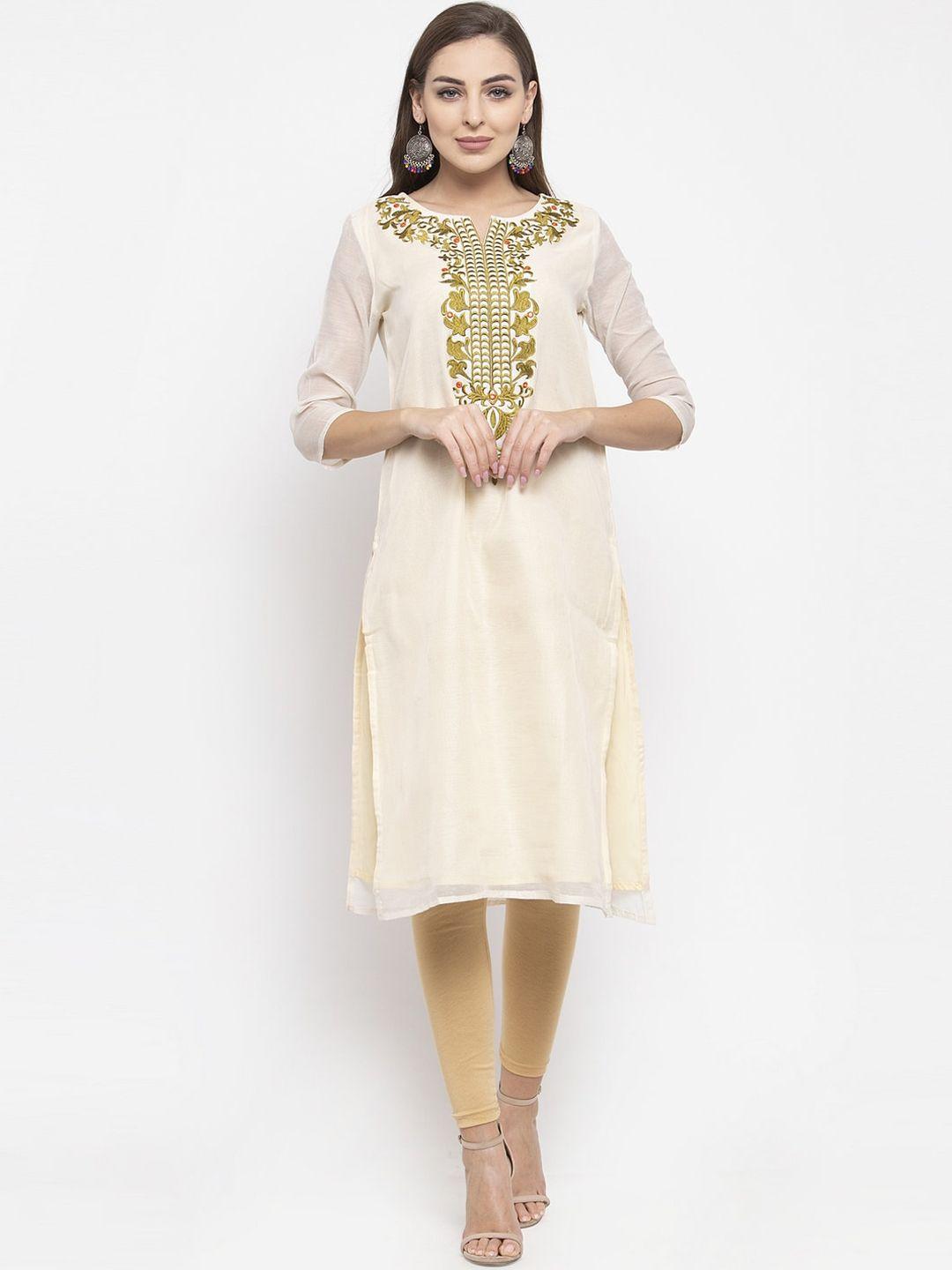 purple state women off-white & beige embroidered kurta with leggings