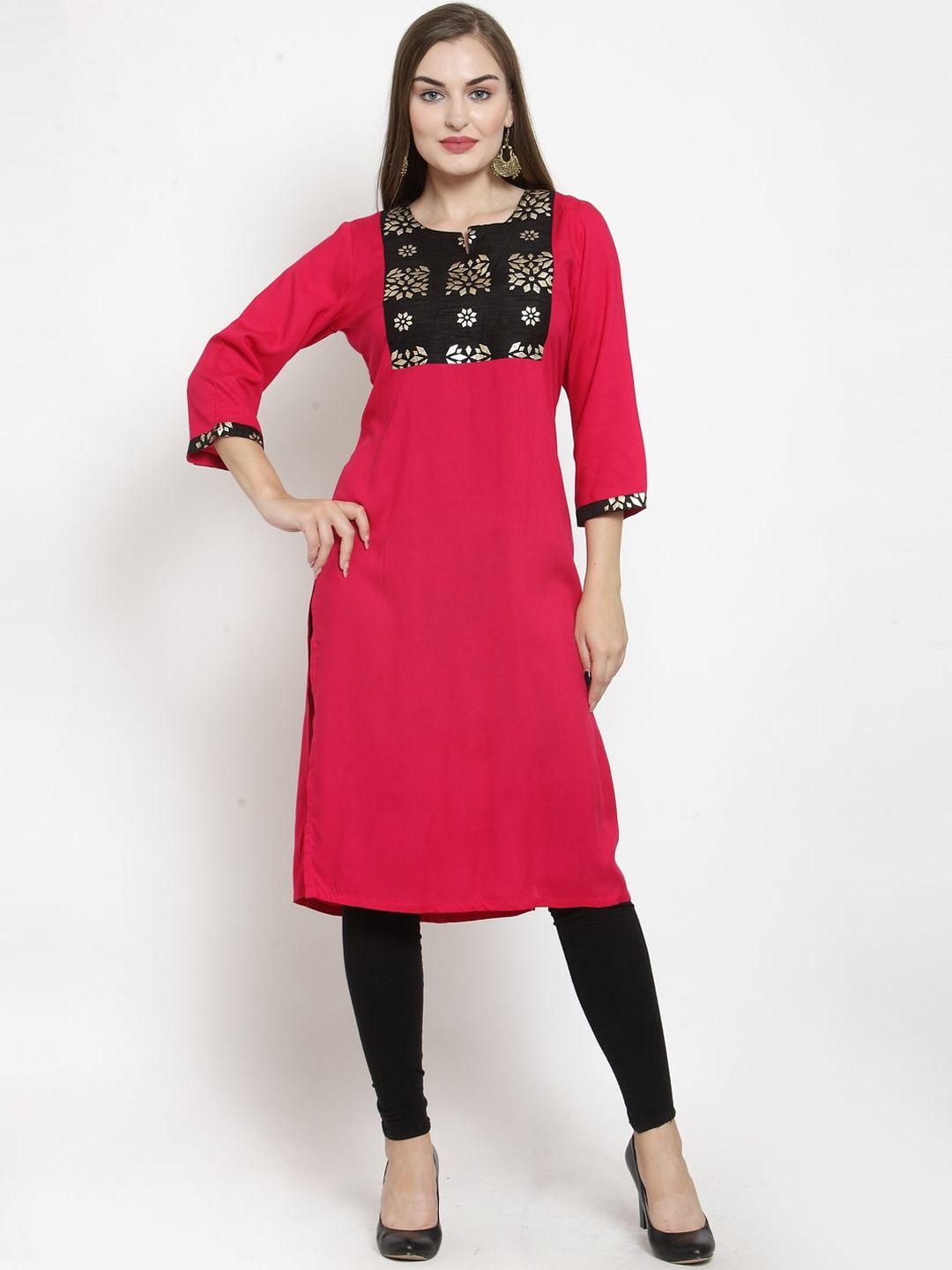 purple state women pink & black yoke design kurta with churidar