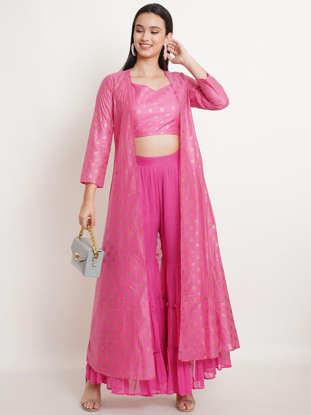 purple state women pink self desgin crop top & sharara with shrug