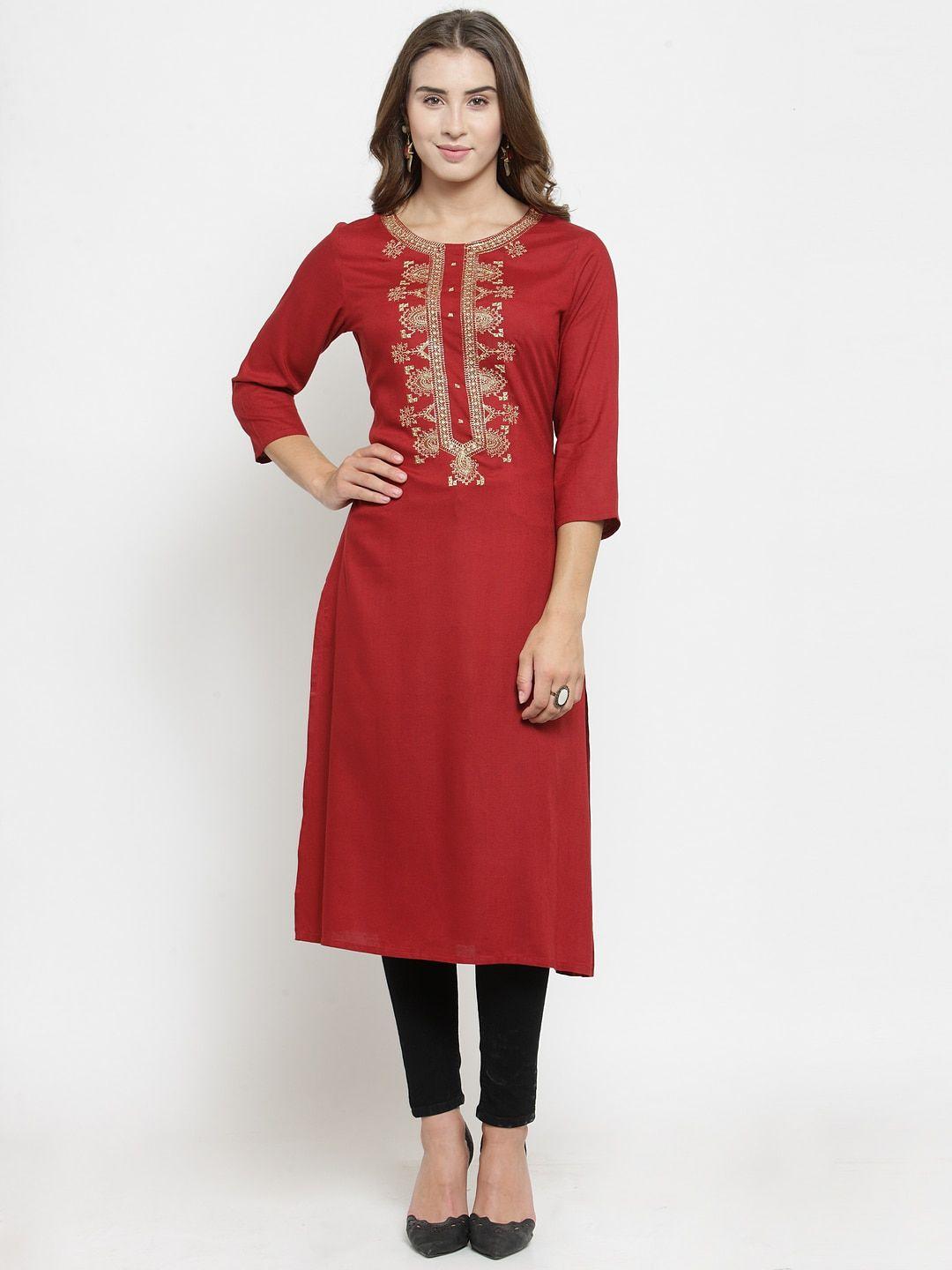 purple state women red & navy blue embroidered kurta with navy blue solid leggings