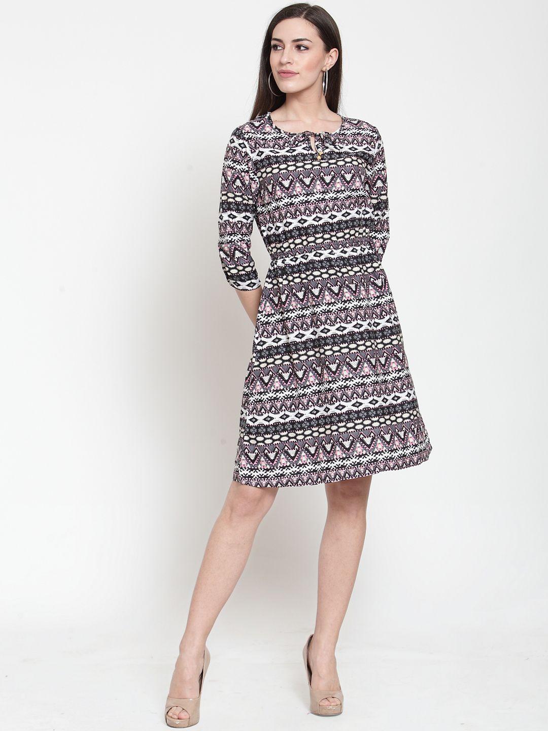 purple state women white & grey printed fit and flare dress
