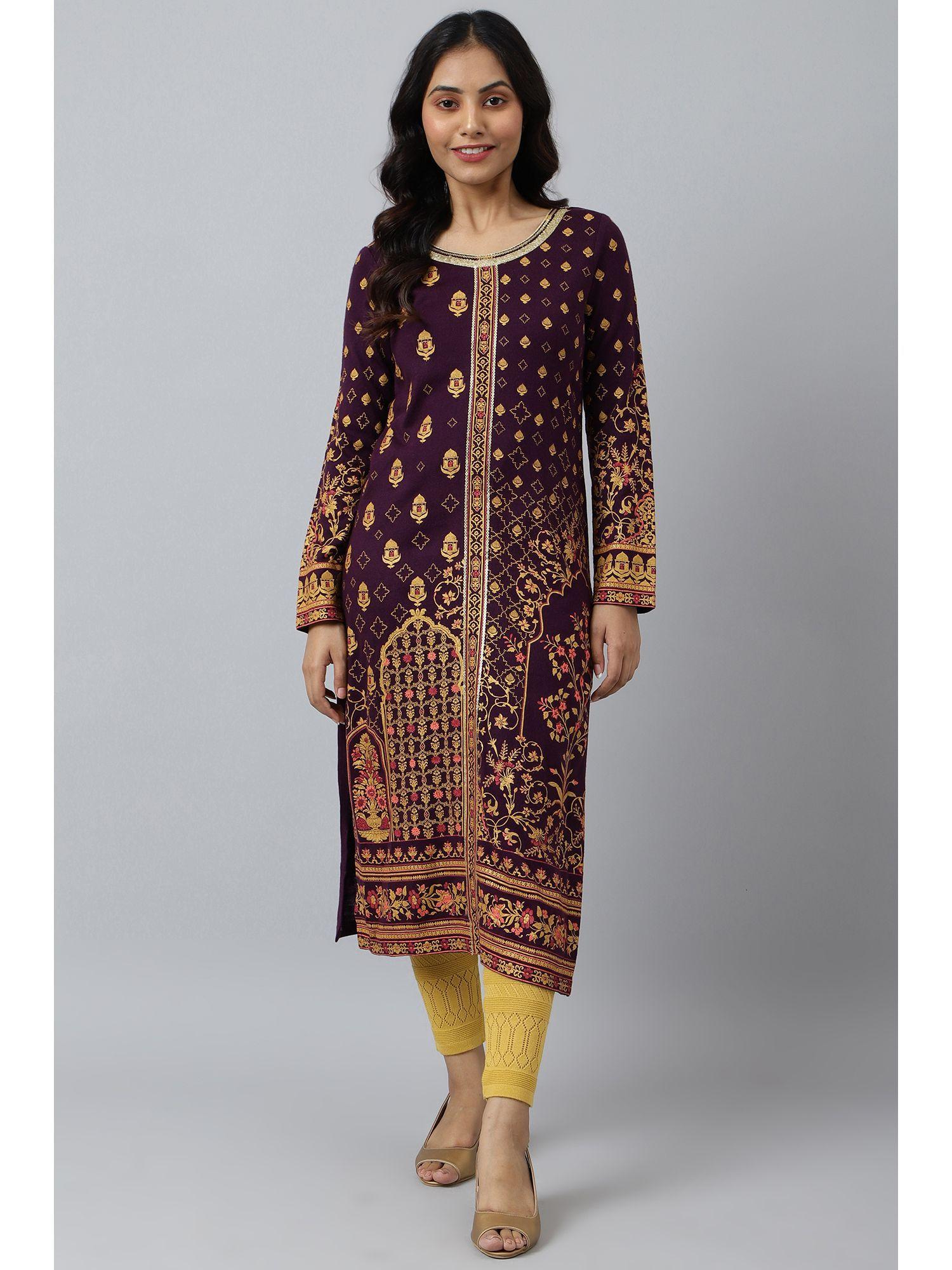 purple statement printed winter kurta