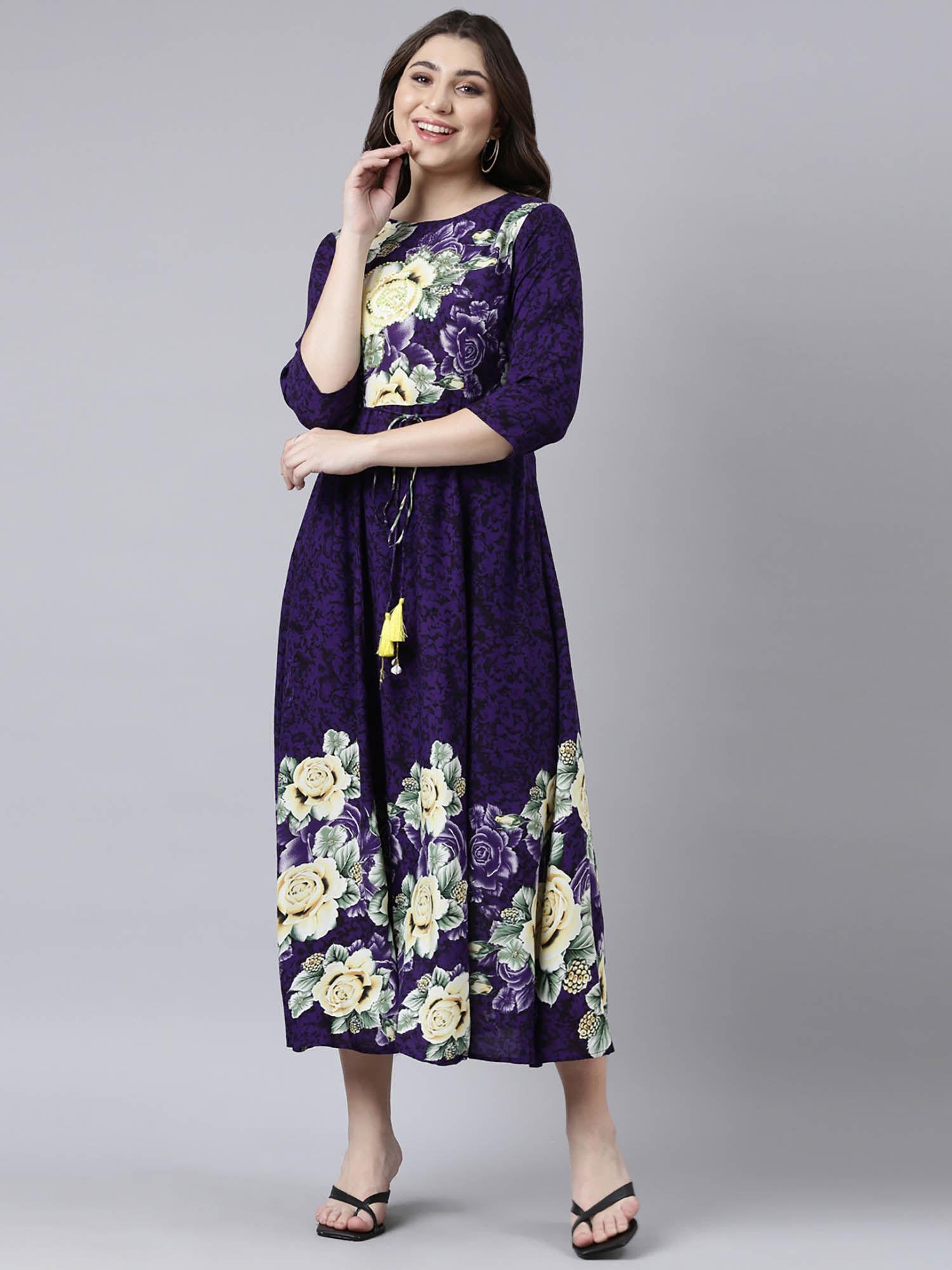 purple straight casual floral midi dress