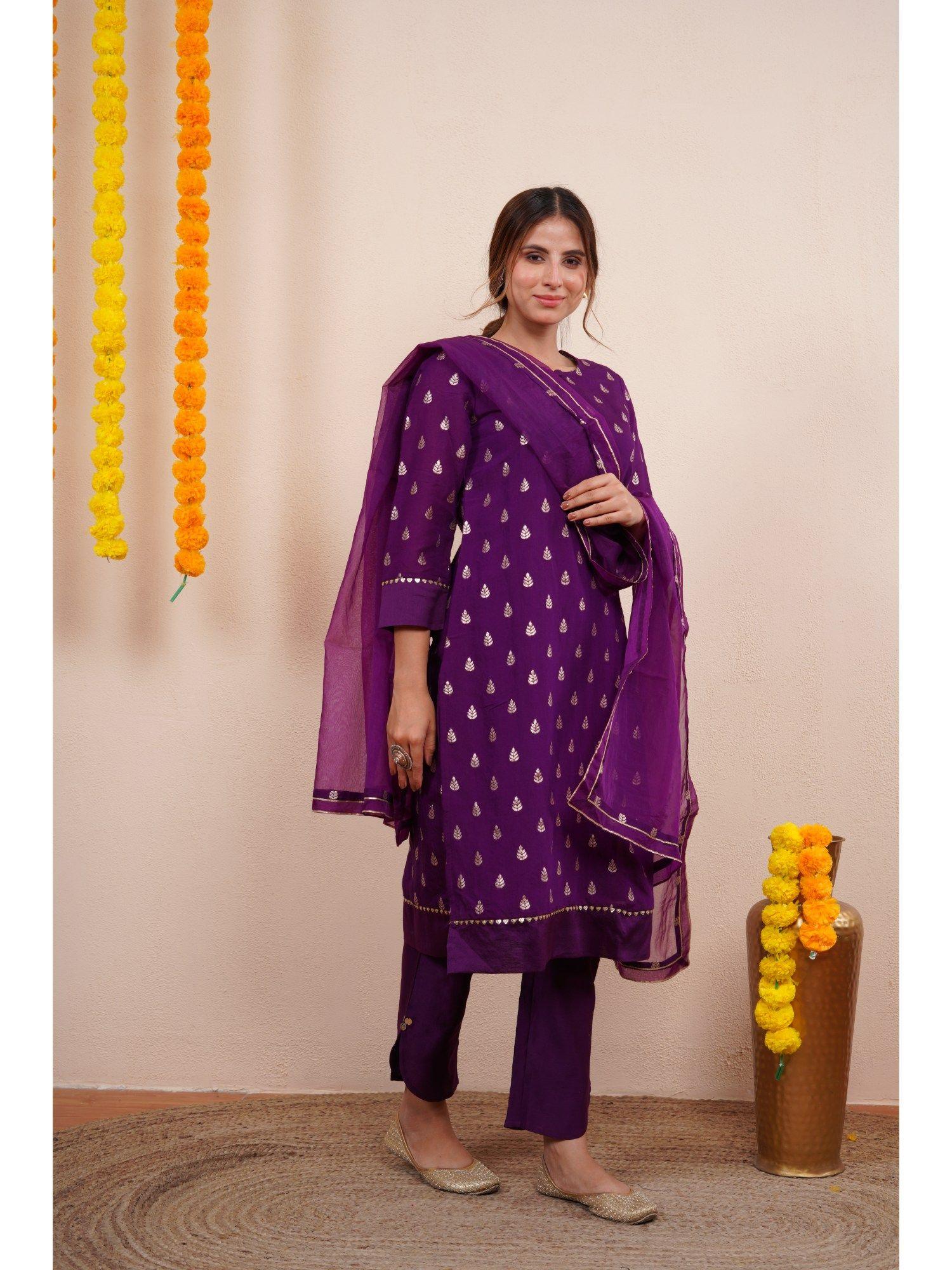 purple straight kurta with pant & dupatta (set of 3)