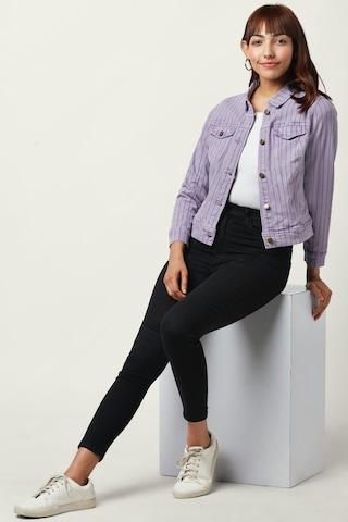 purple stripe casual full sleeves regular collar women regular fit jacket