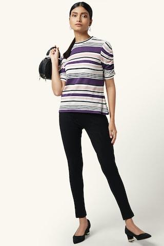 purple stripe formal half sleeves crew neck women regular fit top