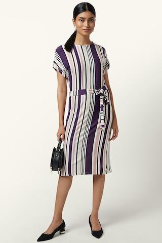 purple stripe round neck formal knee length short sleeves women comfort fit dress
