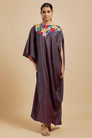 purple suede cutdana embroidered draped dress
