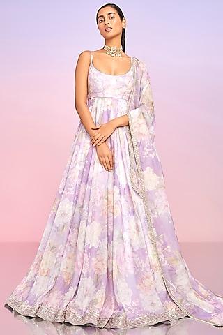 purple tabby silk floral printed anarkali set