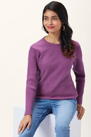 purple textured casual full sleeves round neck women regular fit sweater