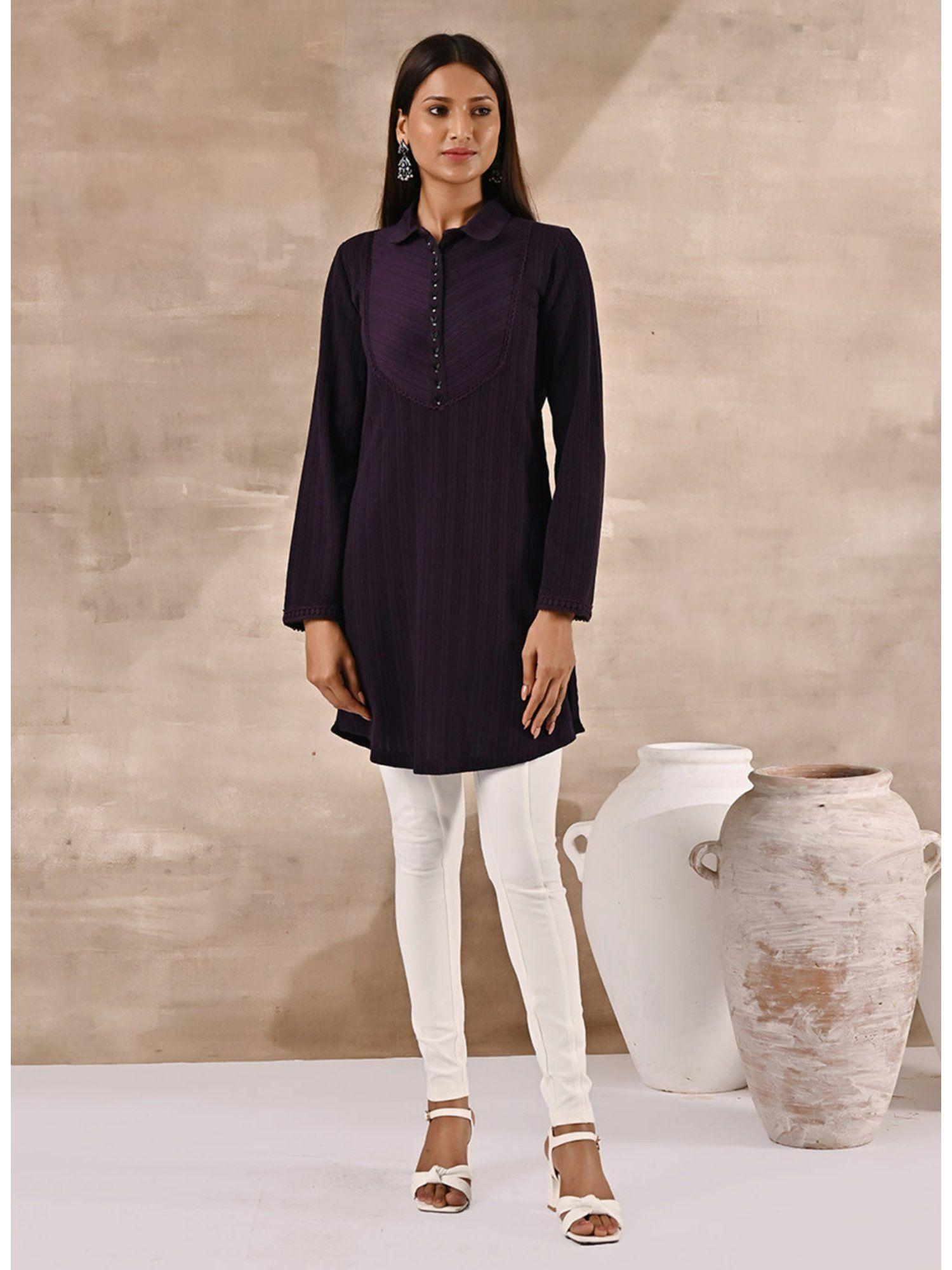 purple textured full sleeve kurti