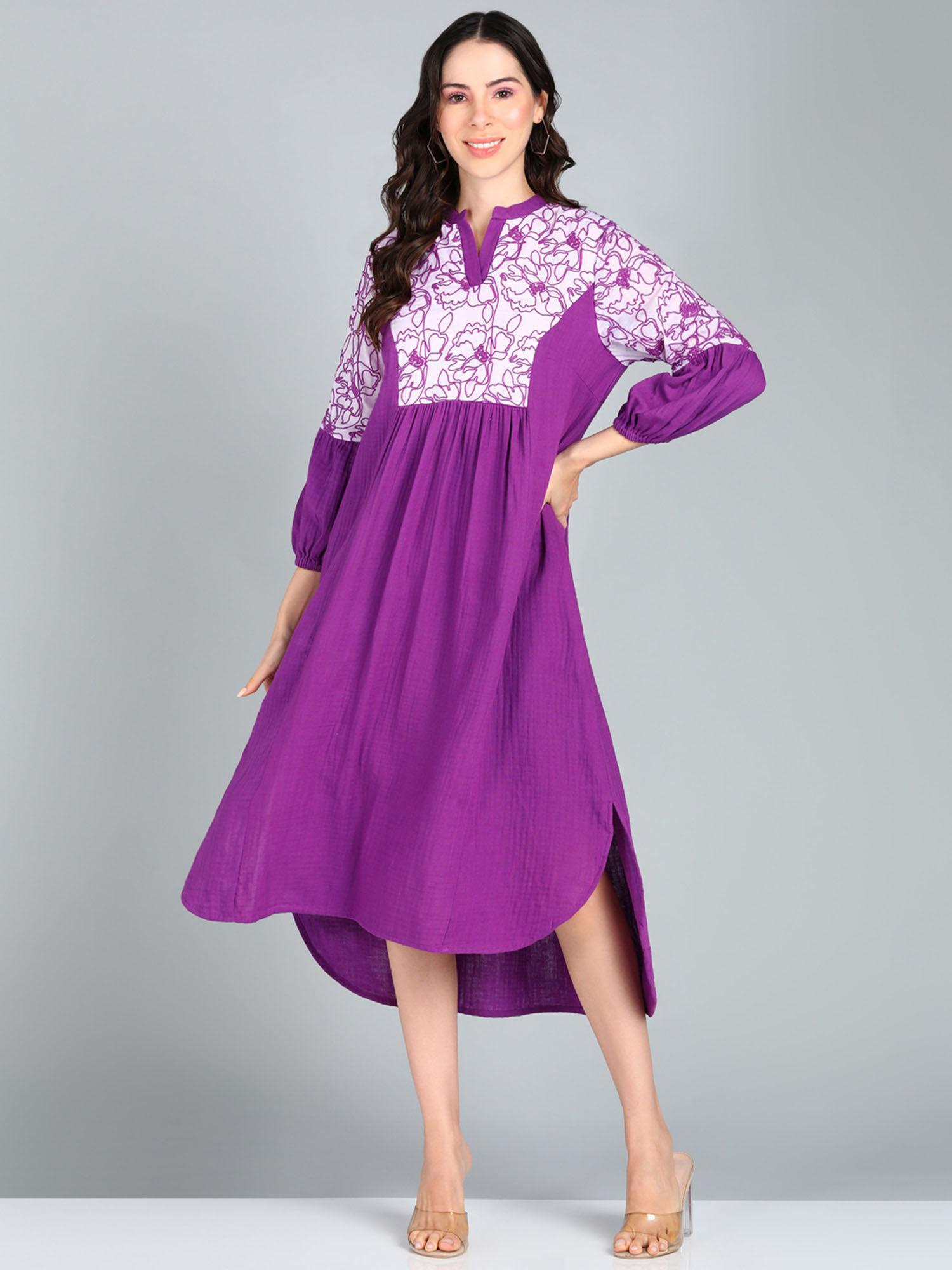 purple thread work flared midi dress