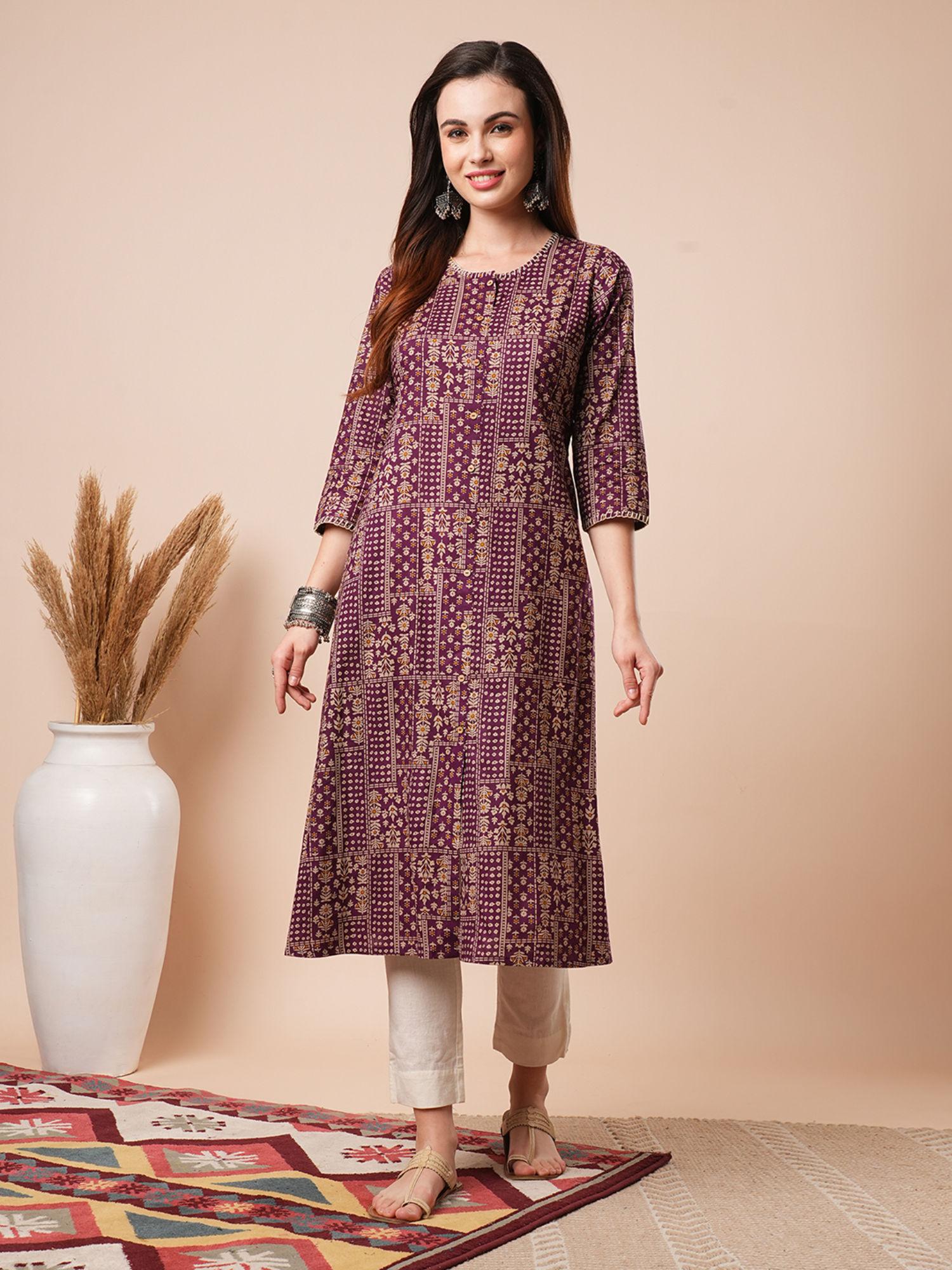 purple thread work floral printed button down a-line kurta