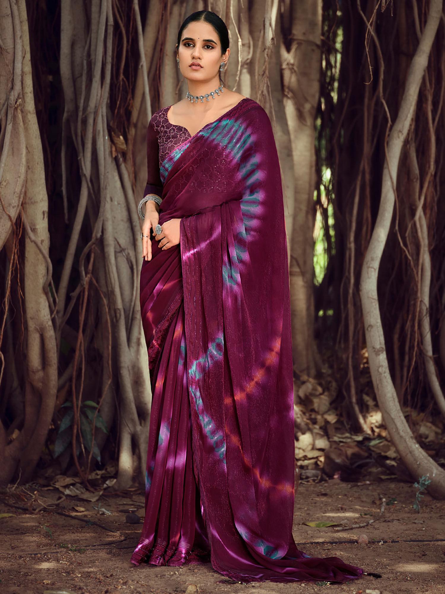 purple tie dye print zari silk siroski diamond work saree with unstitched blouse