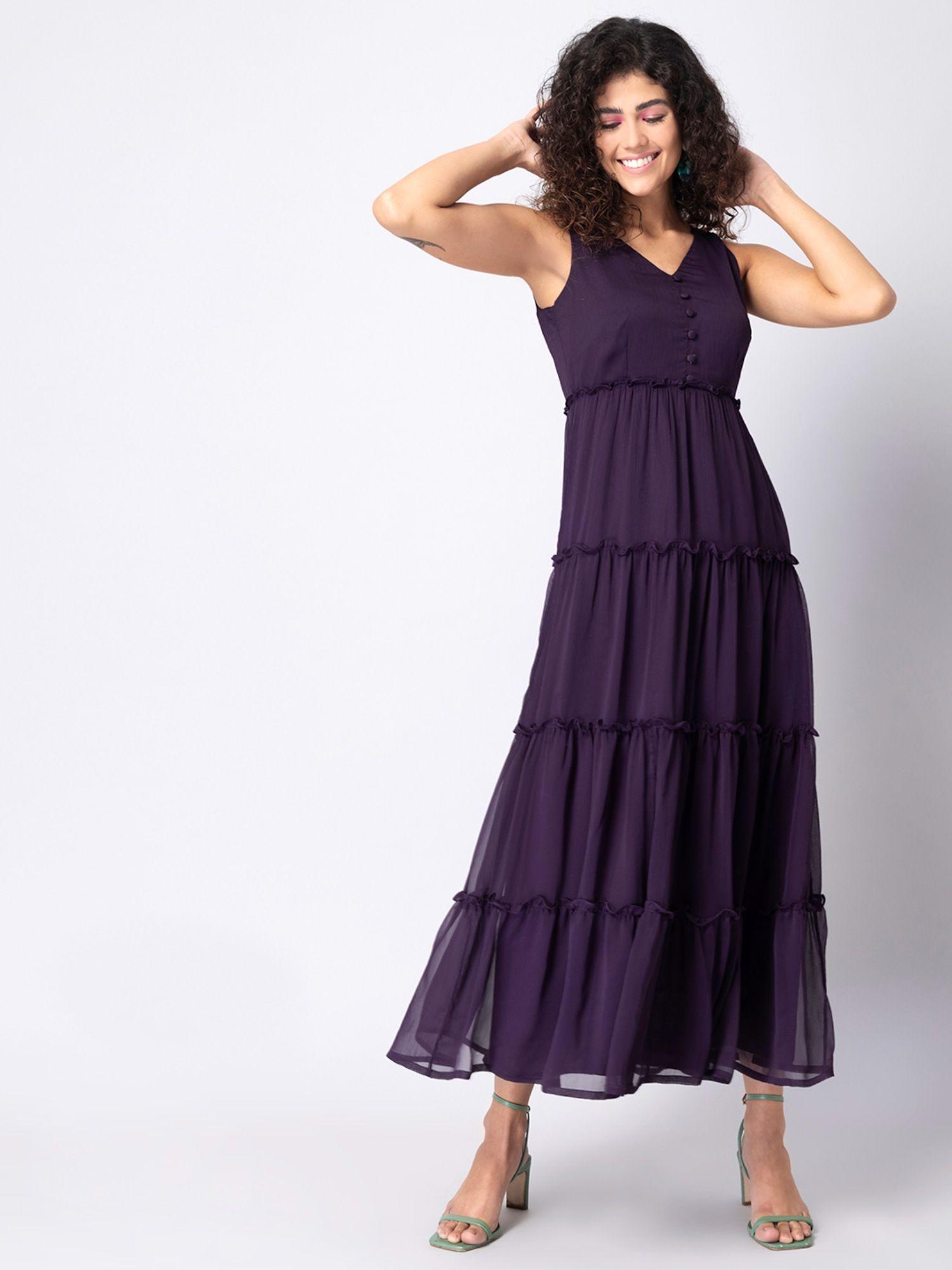 purple tiered buttoned maxi dress