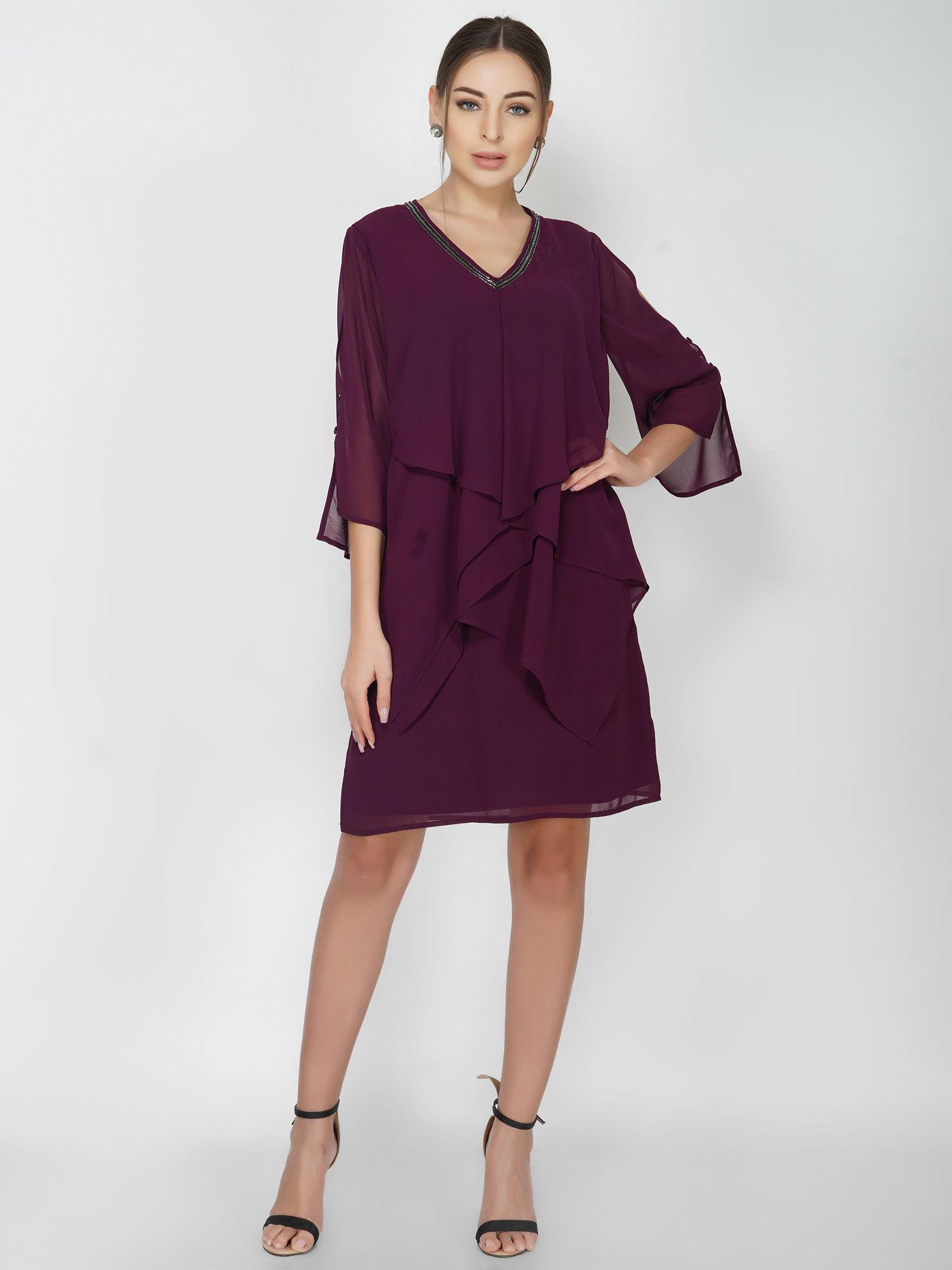 purple tiered v-neck ruffle dress