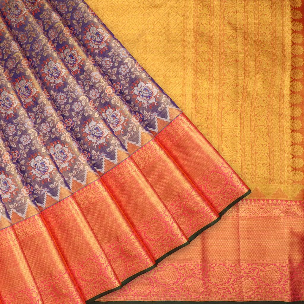 purple tissue kanjivaram silk saree with floral pattern