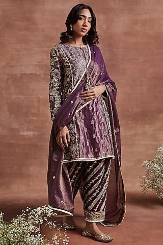 purple tissue silk cutdana embroidered short kalidar kurta set